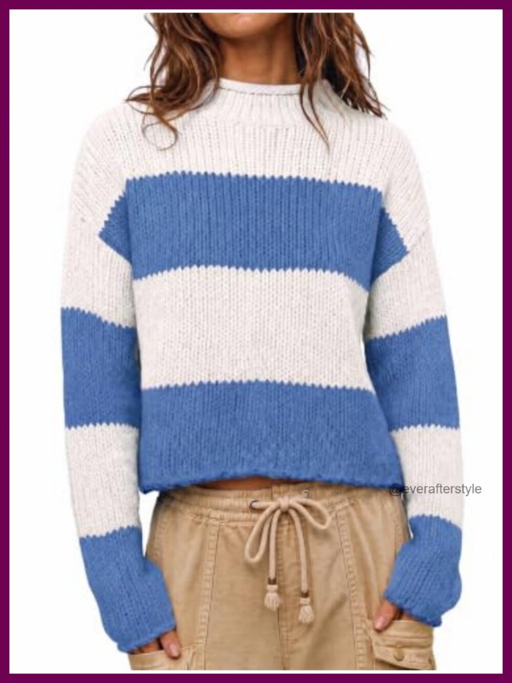 Chunky Knit Striped Sweater Rolled Mock Neck Crop Pullover